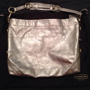 Coach Carly metallic platinum leather handbag