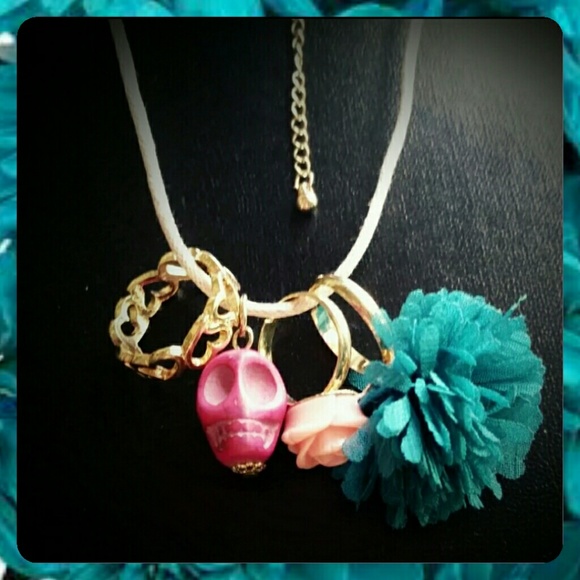 - SOLD - Pink Skull Teal Flower Gold Heart Ring