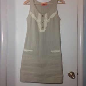 Juicy Couture Beige Linen Lace Ruffle Bib Dress