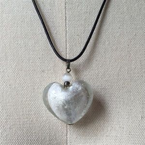 NEW White heart glass pendant on leather cord