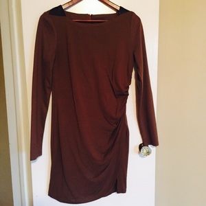 Brown knit dress with ruching and leather accents