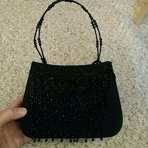 Small black satin beaded evening bag