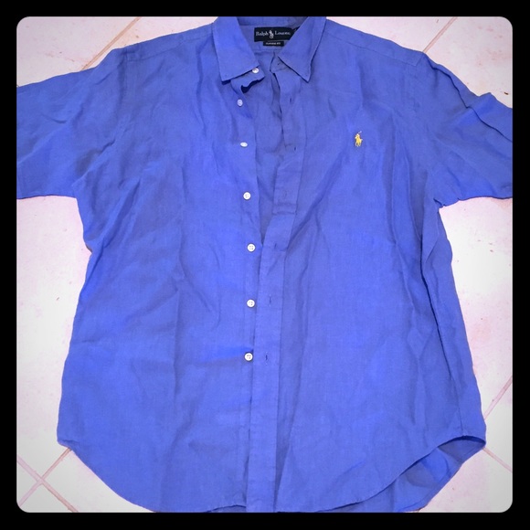 Men's Blue Polo Linen Short Sleeve Button Up, L