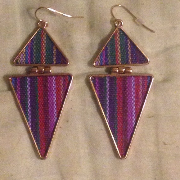 Boho triangle earrings with woven stripe fabric