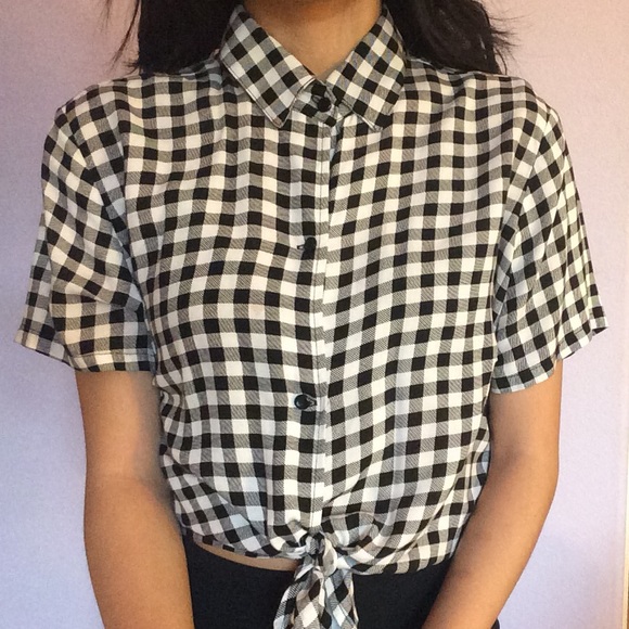 American apparel checkered tie up mid-length top