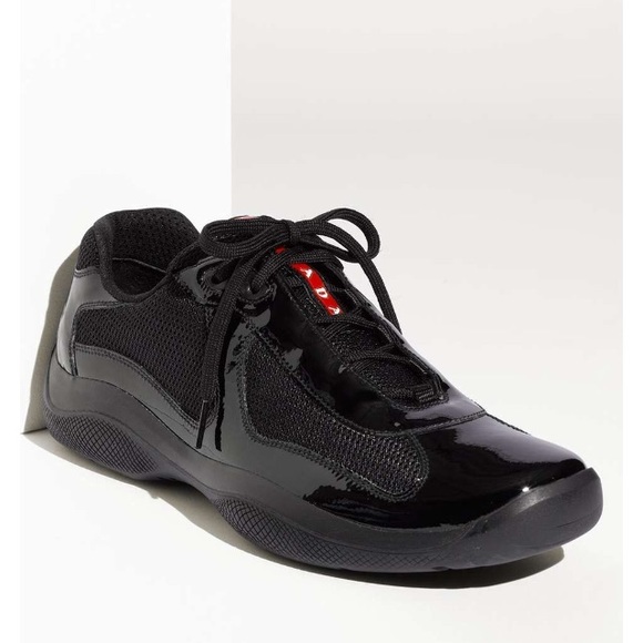 Black patten leather Prada sneakers