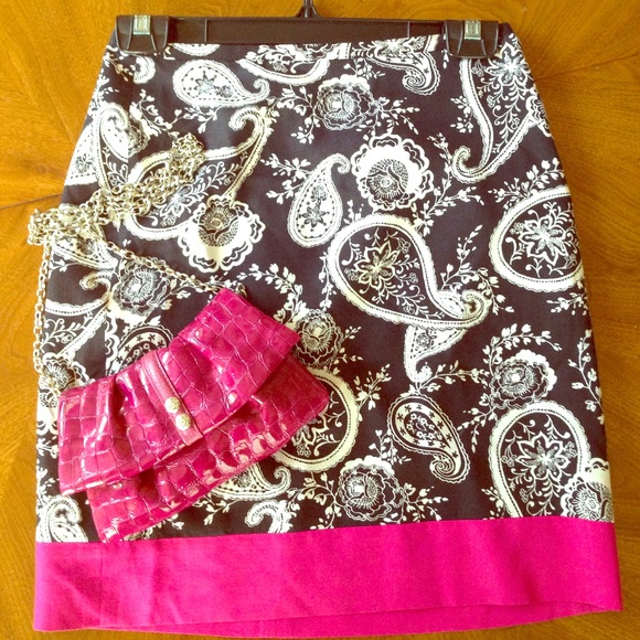 LOFT Sunwashed Paisley Skirt with Bright Pink Trim