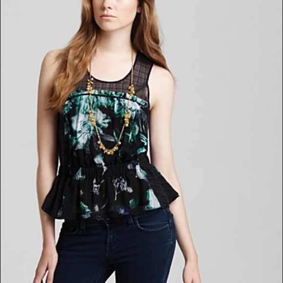 Theory blue / black floral print summer top