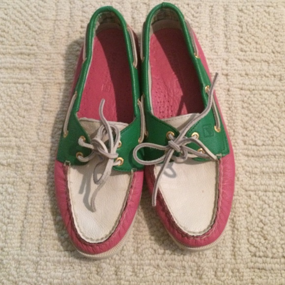 Pink, green and white Sperrys