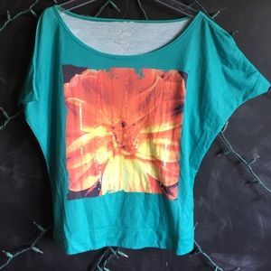 Teal Short Sleeve Shirt With Orange Flower Decal