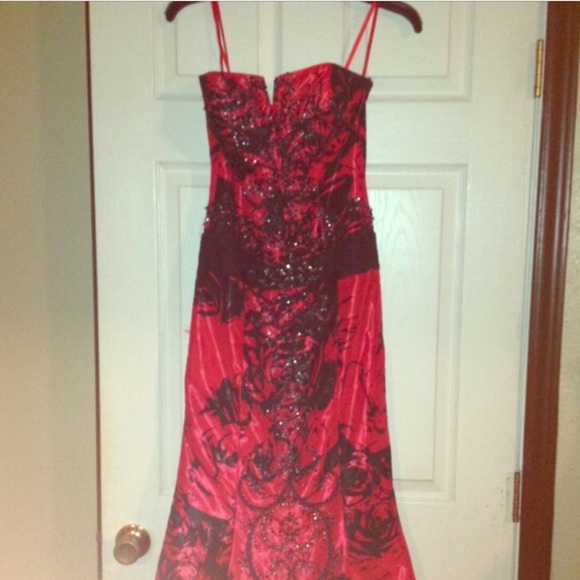 Red and black tube top evening dress