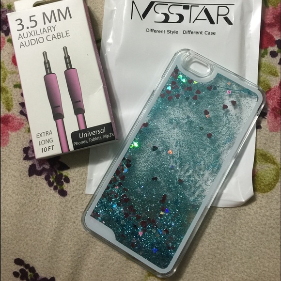 iPhone 6plus glitter case & 10 FT pink Aux cable