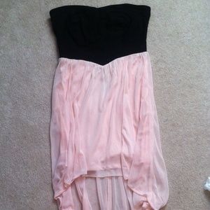 Silky pink hi-low strapless dress!