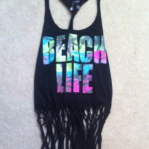 Black 'beach life' fringe tank!