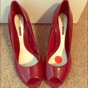 Red kitten heel shoes
