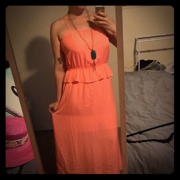 Semi formal coral chiffon maxi dress