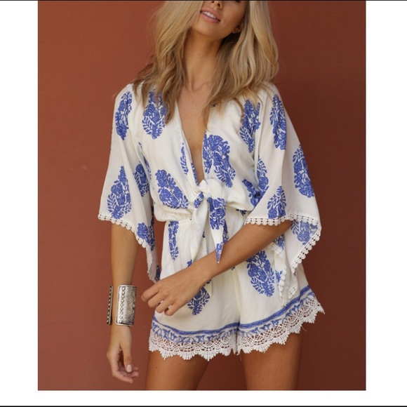 Brand New- Never Worn Blue Leaf Romper!