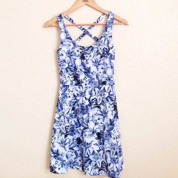 Blue Skater Crossback Palm Tree Dress