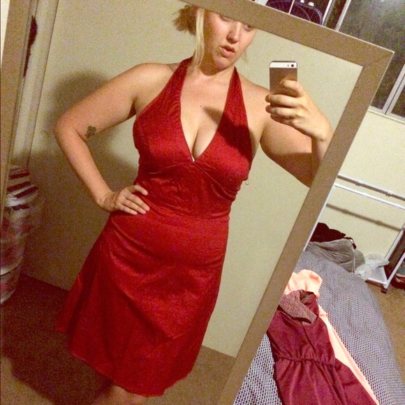Deep red halter evening retro dress.