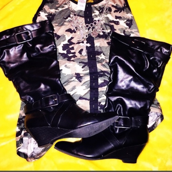 Black pleather calf high boots
