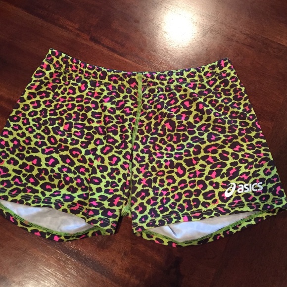 leopard print pink & green asics shorts