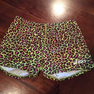 leopard print pink & green asics shorts