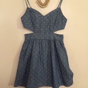 Denim polka dot dress with cut outs in the sides