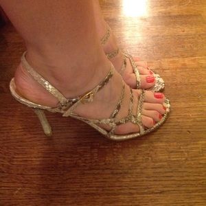 Stuart Weitzman gold snake print sandals