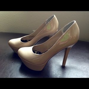 Nude patent leather platform heels