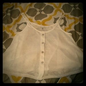Very sheer white crop top with gold buttons
