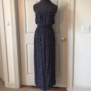 Navy and white polka dot maxi dress