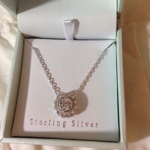 Diamond Pendant Halo Necklace Sterling Silver