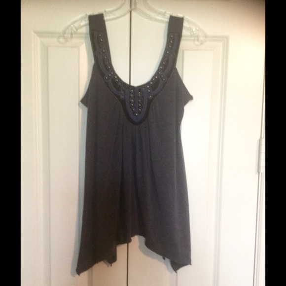 Denim Color Tank Asymmetrical Hem, Metal Detailing - Picture 2 of 3