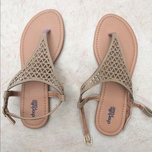 Laser Cut-Out T-Strap Thong Sandals