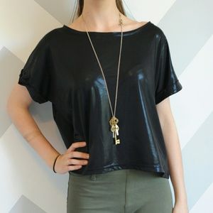 Black shiny-like short sleeved shirt