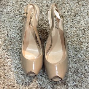 Tan patten leather 5 in sling back heels