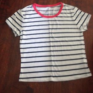 Blue and white striped shirt with a red collar