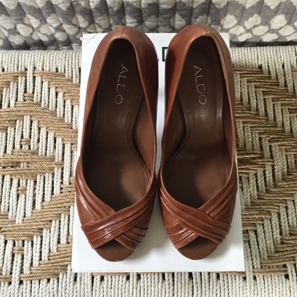 ALDO Brown Leather Peep Toe Pumps
