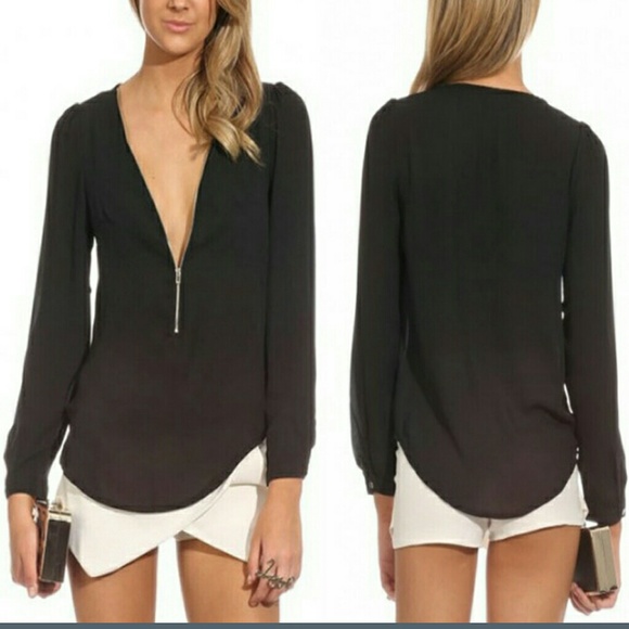Zippered sexy Long sleeve sheer shirt