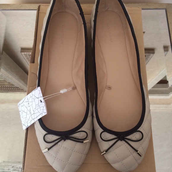 ZARA Quilted Beige & Black Quilted Ballet Shoes 10 - Picture 2 of 4