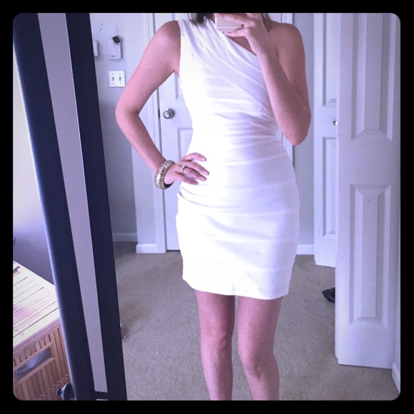 One-shoulder ivory bandage style dress