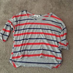 Grey, blue, red/orange crop top. 3/4 sleeves
