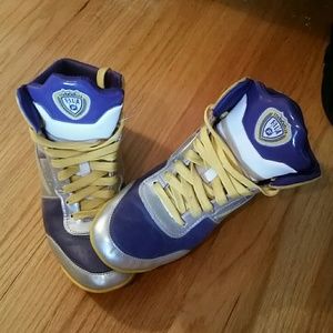 Purple and yellow sneakers