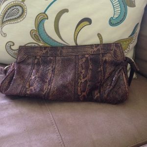 Brown faux snake skin clutch