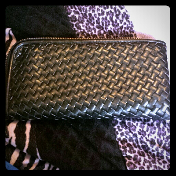 Black Leather woven zip around wallet clutch