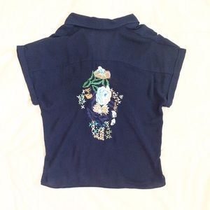 ZARA Navy Blouse With Back Floral Embroidery