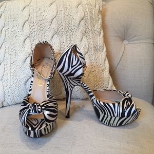 Zebra print peep-toe stiletto heels