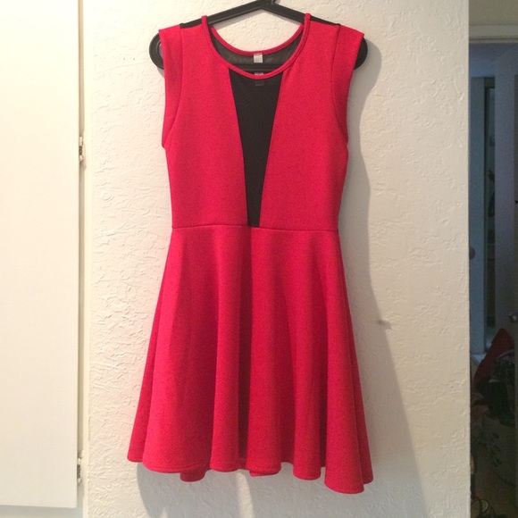 NWOT red mesh plunging v & open back skater dress
