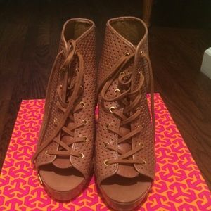 Tory Burch Royal Tan Open Toe Wedges