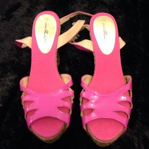 Pink strap up wedges